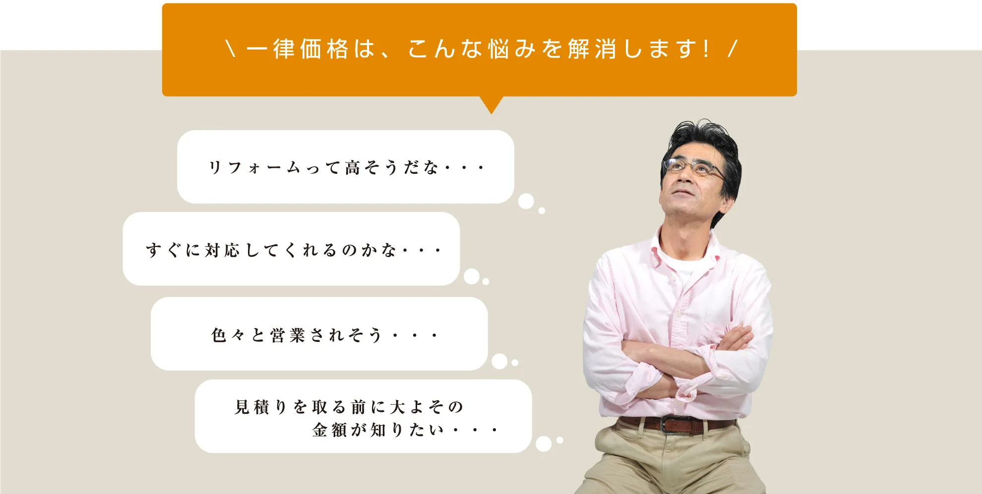 一律価格は、こんな悩みを解消します！リフォームって高そうだな・・・すぐに対応してくれるのかな・・・色々と営業されそう・・・見積りを取る前に大よその金額が知りたい・・・